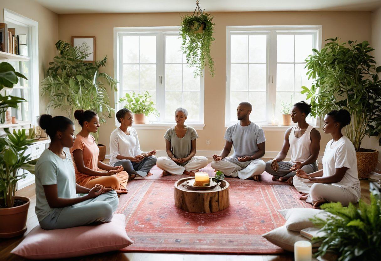 A serene and calming scene depicting a diverse group of individuals, each showcasing their personal wellness routines like meditation, healthy cooking, and gentle exercise, surrounded by soft, healing colors. Include comforting elements like a cozy space with plants, candles, and supportive books on cancer care. Emphasize community and resilience, reflecting a sense of hope and empowerment. super-realistic. vibrant colors. soft focus.