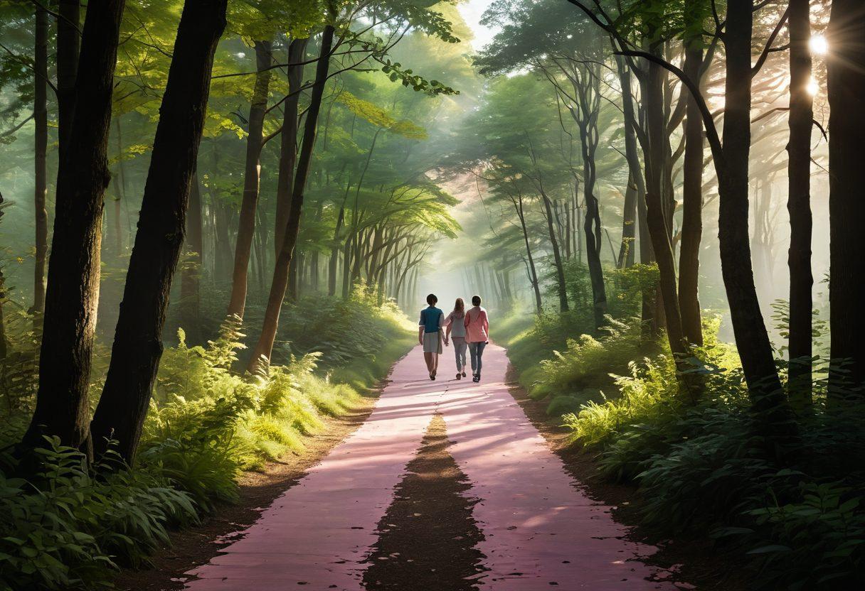 A serene pathway through a lush green forest symbolizing hope and healing, with silhouettes of diverse individuals walking together, sharing stories and support. Soft sunlight filtering through the trees, creating a warm, inviting atmosphere. Subtle elements like pink ribbons gently placed along the path, representing awareness and resilience. super-realistic. vibrant colors. warm tones.