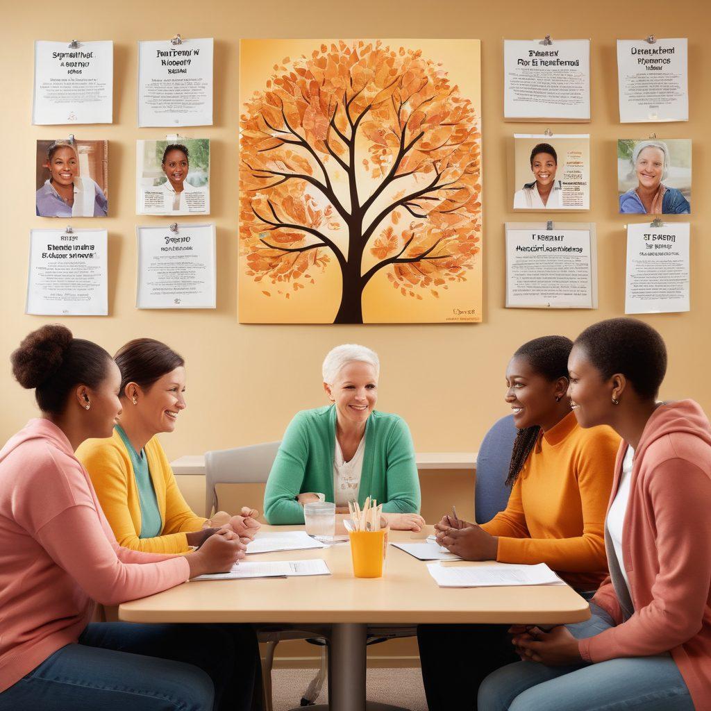 A diverse group of cancer patients and caregivers engaged in a lively support group, surrounded by informative posters and resources. The setting features warm colors, emphasizing hope and community spirit. Include symbols of strength like a tree or light. Vibrant expressions of encouragement and empathy on their faces. super-realistic. warm colors. soft lighting.
